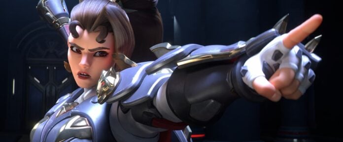 Reign_of_Talon_Cinematic_3 A girl in armor pointing her finger outwards in Overwatch.