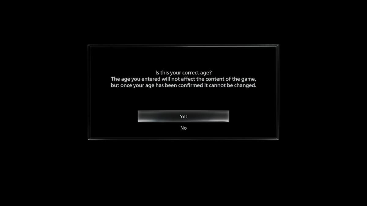 A black menu screen with text confirming your age in Resident Evil  Requiem.