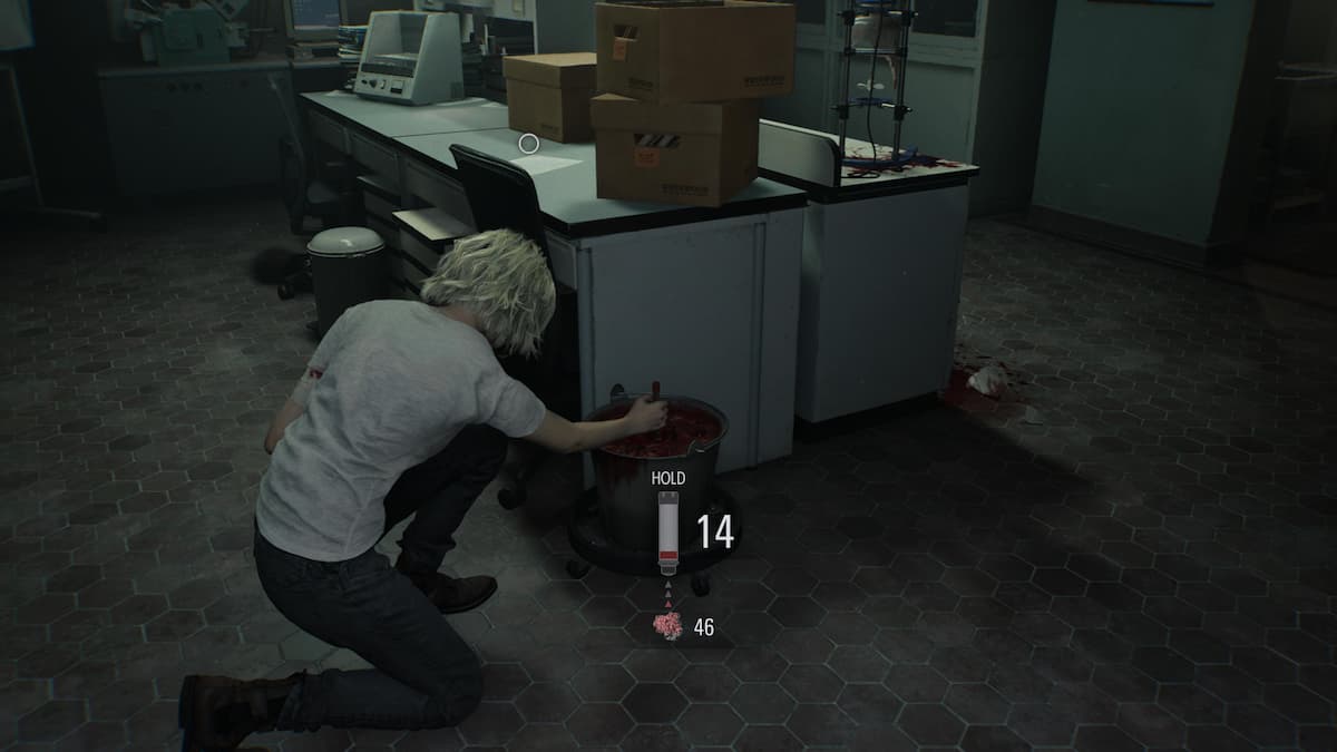 A girl examining blood in a bucket.