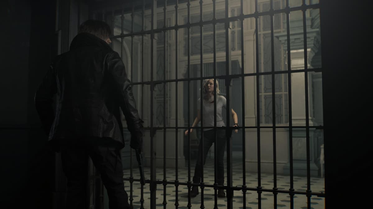 A man and a woman separated by a metal grail in Resident Evil Requiem.
