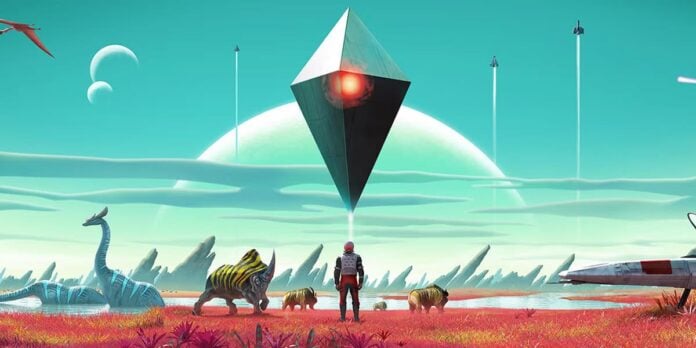 nms cover A spacefarer looking at a diamond monolith in the sky in No Man's Sky.
