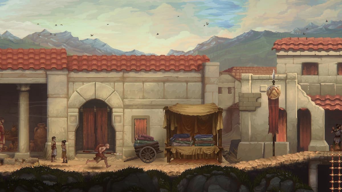 A boy running through the town for our God of War: Sons of Sparta review.