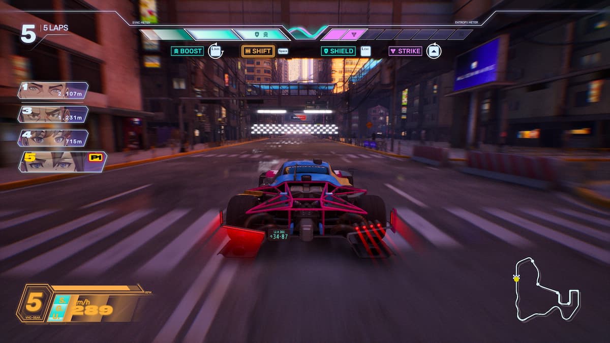 A car zooming on the street.