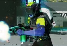 Shooting Things in Marathon Sure Does Feel Great A figure in lime green and black holding a neon-colored gun in Marathon.