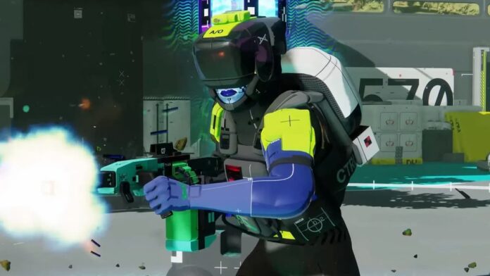 marathon character A figure in lime green and black holding a neon-colored gun in Marathon.