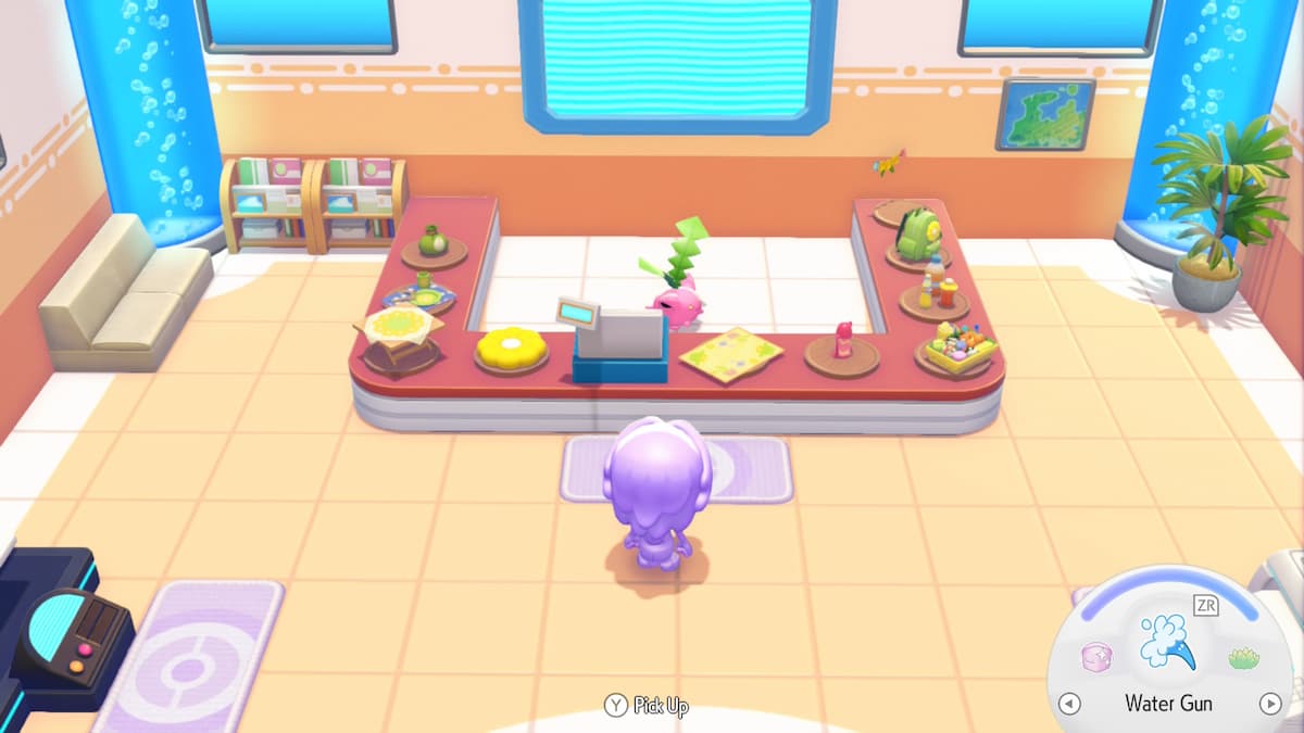 A shop with a counter with items on it.