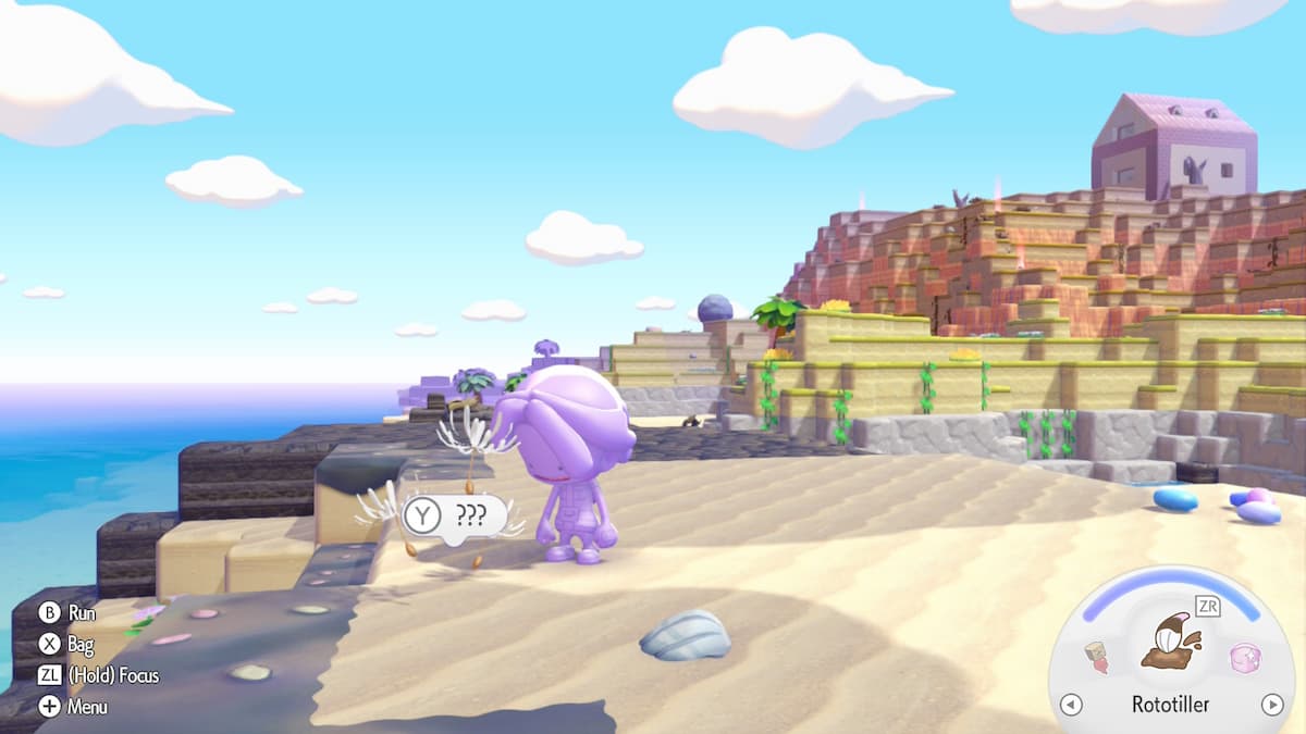 A purple character standing on the beach.