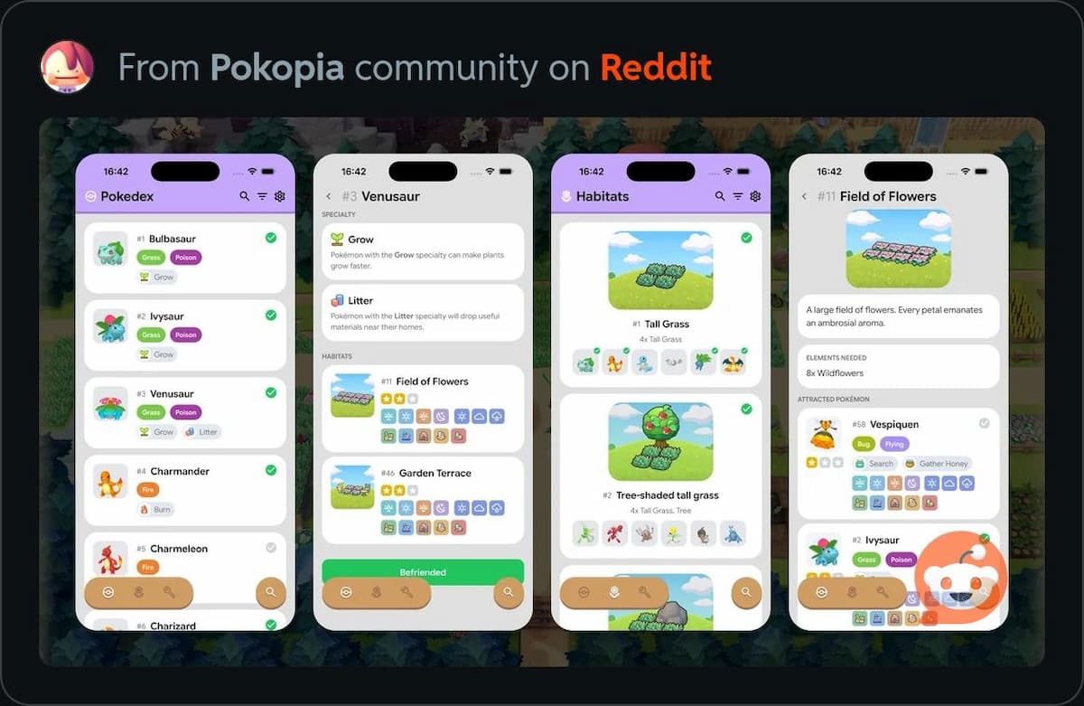 Four mobile phone screenshots of the Pokopia companion app.