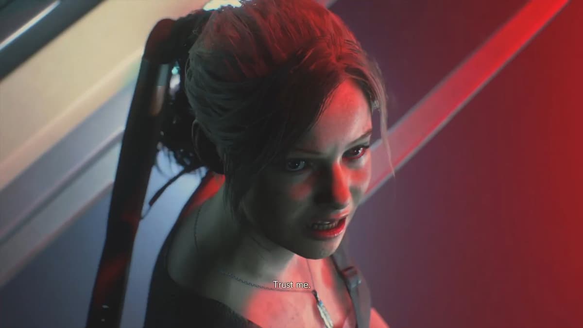 A girl looking up with a red light on her. Claire in Resident Evil 2 Remake.