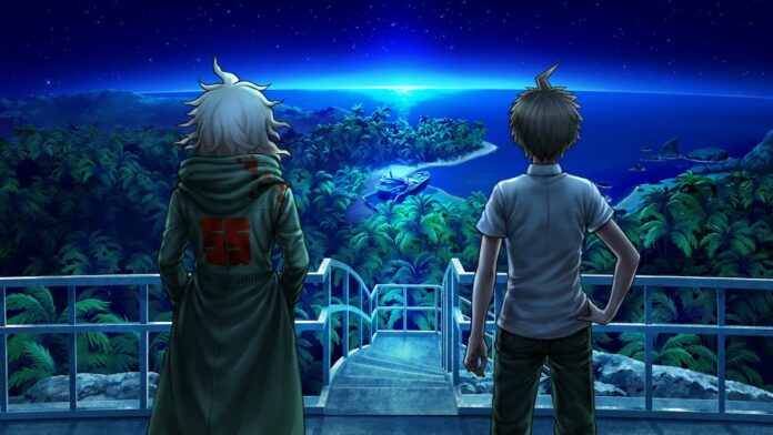 danganronpa 2x2 Two boys looking out at an island at night in Danganronpa 2x2.