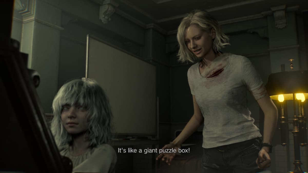 A girl in white standing behind a child in Resident Evil Requiem.