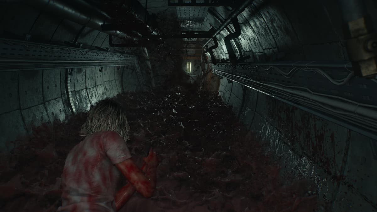 A girl going up stairs that are flooding with blood.