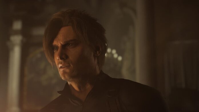 leon chapel Close-up of a man with blonde hair in Resident Evil Requiem.