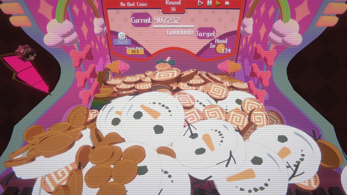 A bunch of large snowman coins in an arcade cabinet. Image for our Raccoin review.