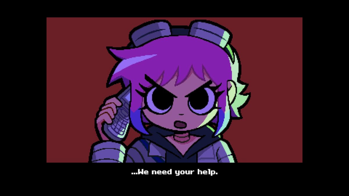 A girl with pink hair on the phone. Image for our Scott Pilgrim EX review.