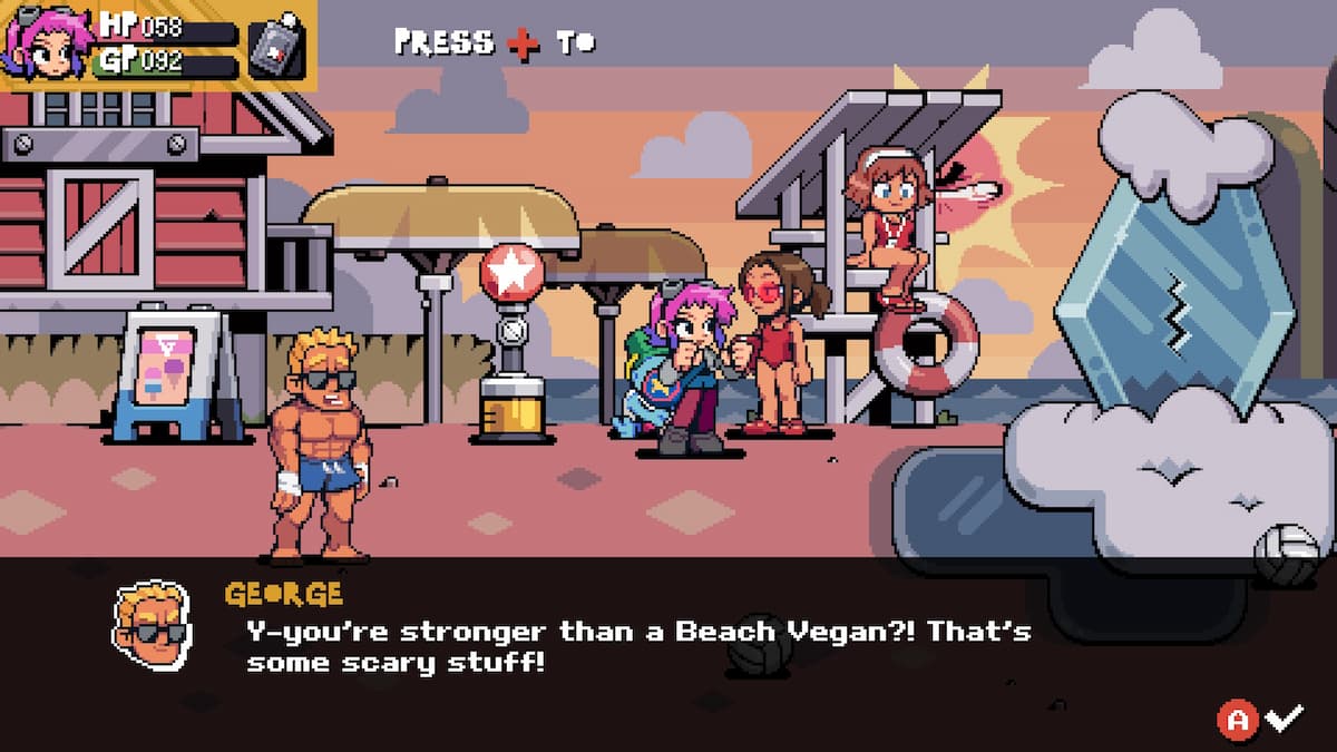 A pink beach and a black dialogue box at the bottom of the screen.
