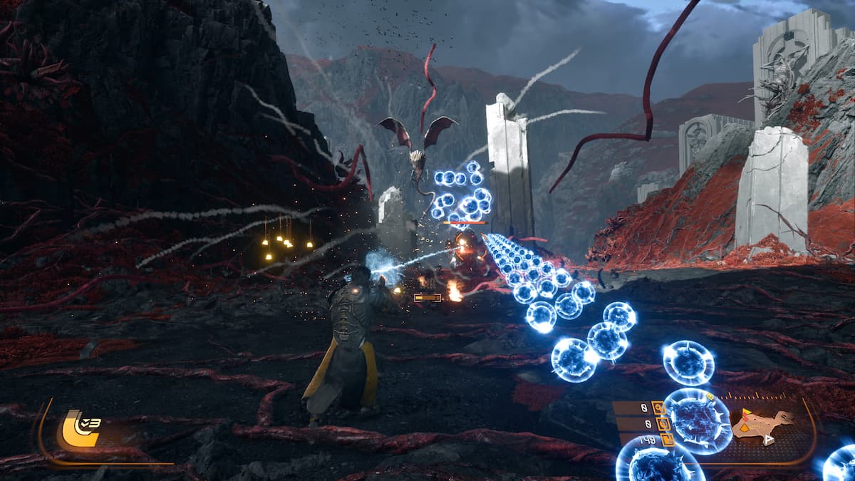 Blue orbs flying towards the center of the screen for our Saros review.