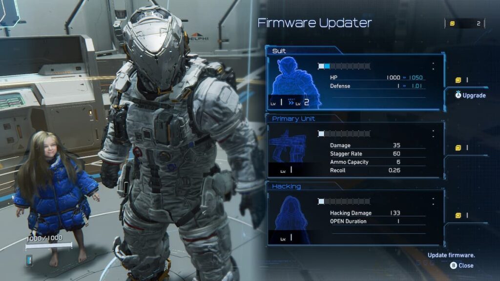 A man in a mech suit with a menu of upgrade options for our Pragmata review.