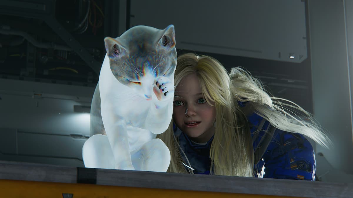 A girl sneaking up on a cat in our Pragmata review.