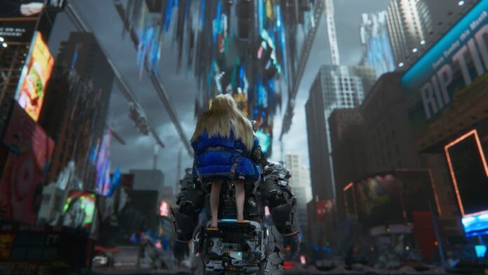 pragmata second biome A girl on a man's back.