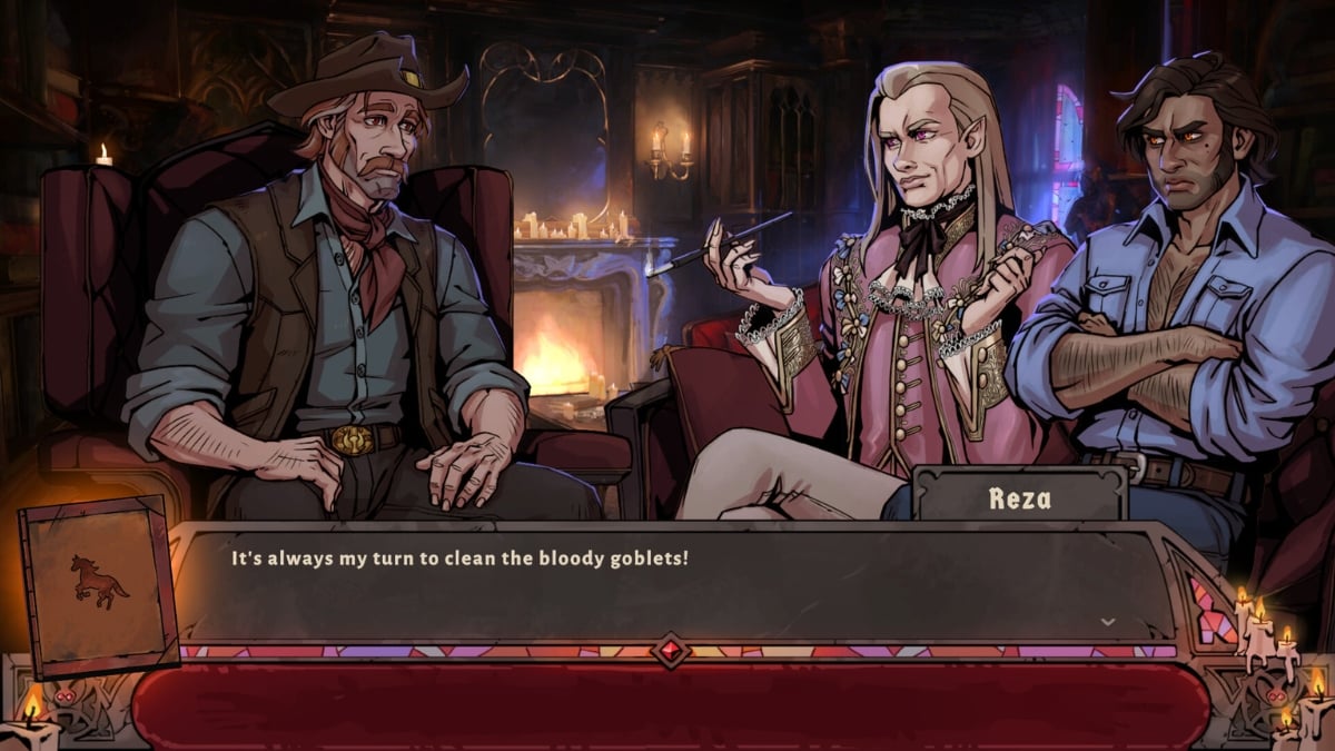 A man with a cowboy hat talking to two vampires in Vampire Therapist.