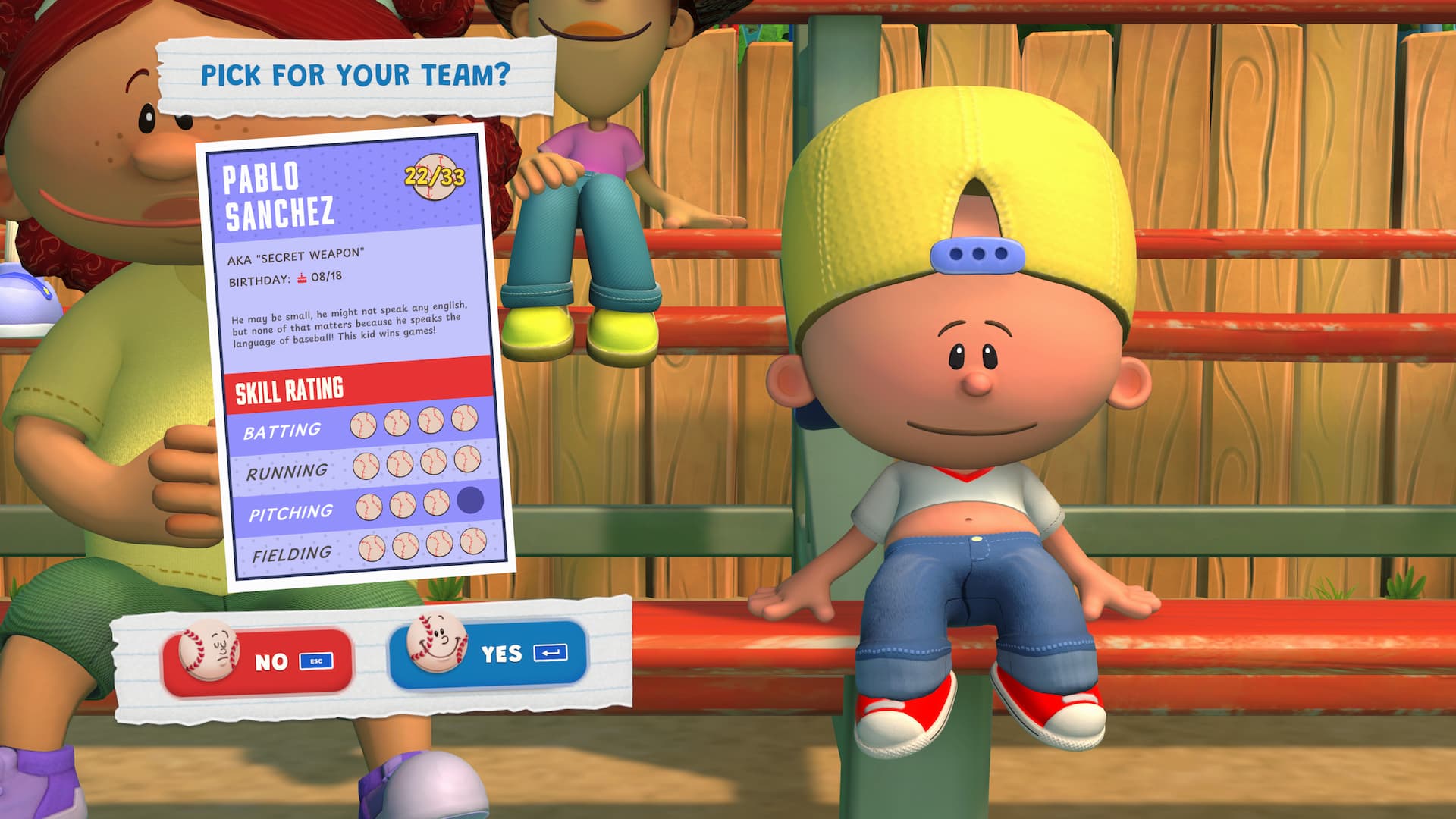 Pablo Sanchez sitting on the bench in Backyard Baseball