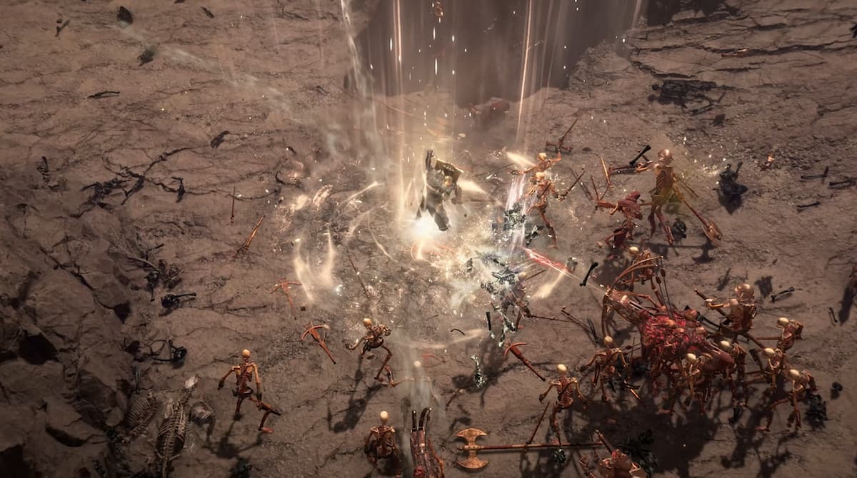 A Paladin in armor killing skeletons.