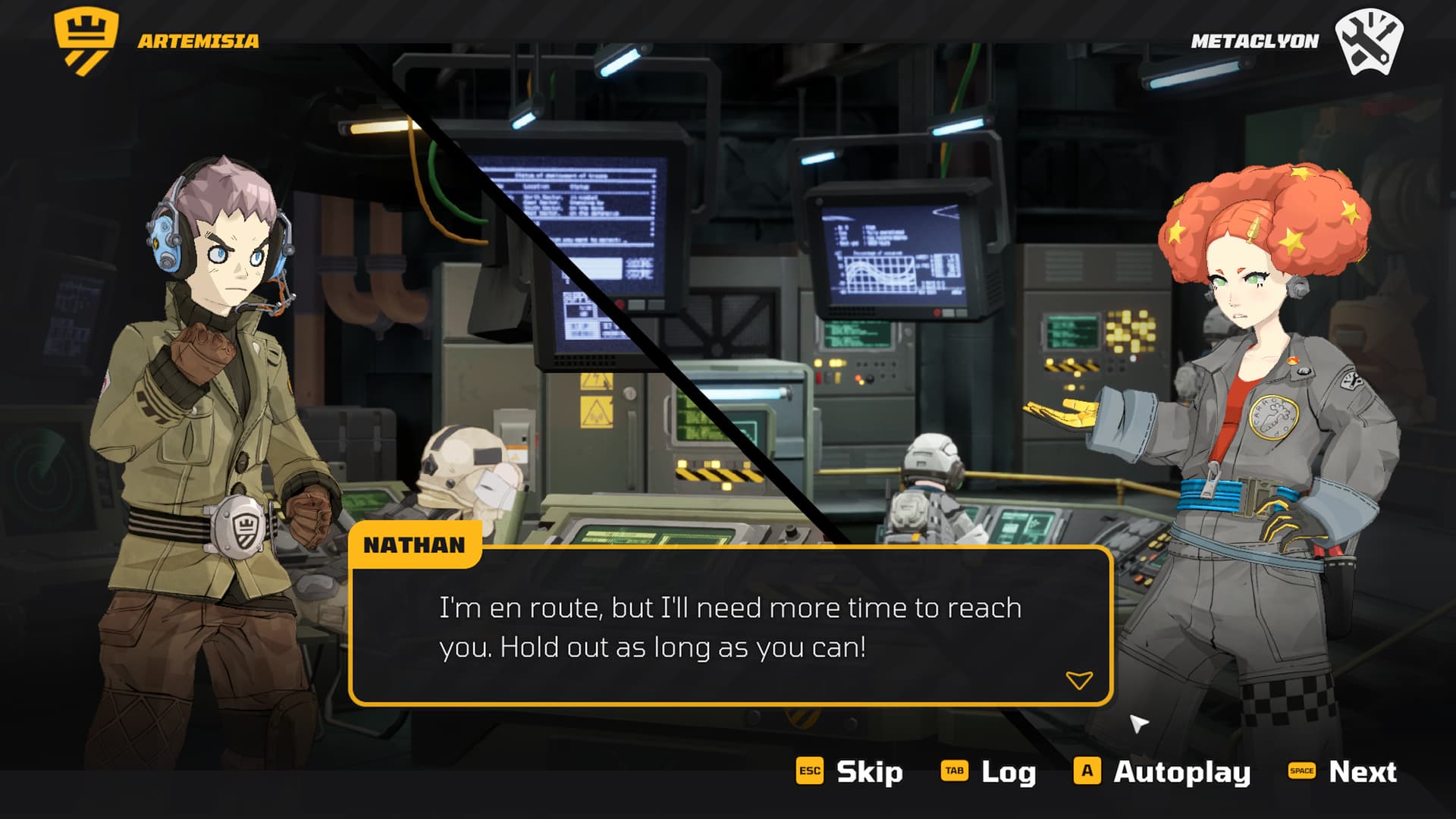 Nathan speaking to Nora in Tiny Metal 2