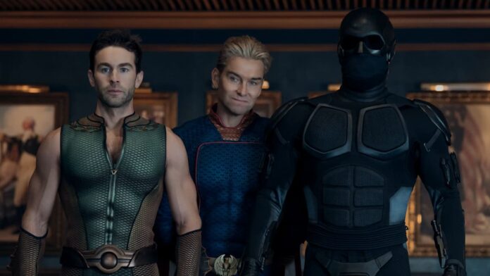 boys s5 vought (1) Three men in superhero costumes in The Boys Season 5.