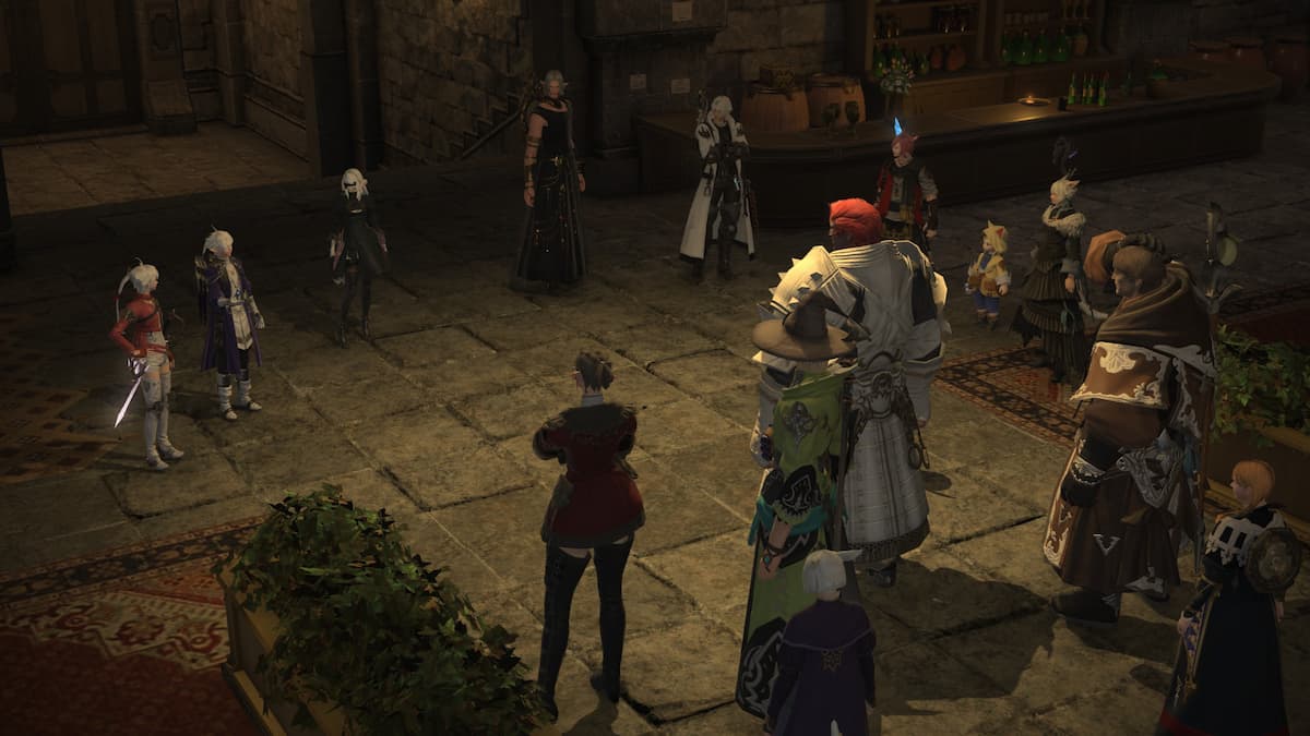 A group of people gathered in a tavern in FFXIV.