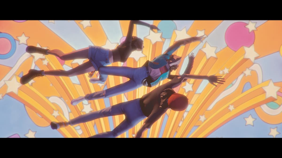 Three people falling through the air with stars in the background.