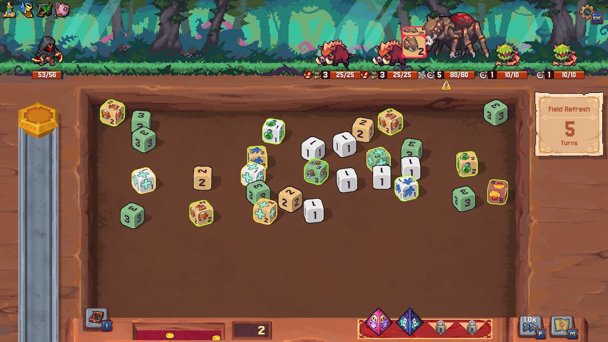 A bunch of dice on a field for our Rune Dice review.