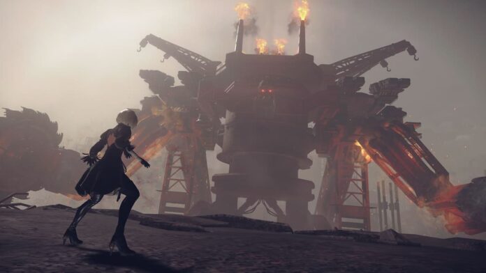 nier automata intro A girl facing off against a large robot in NieR: Automata