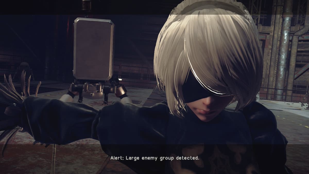 A girl with white hair and a pod behind her in NieR: Automata.