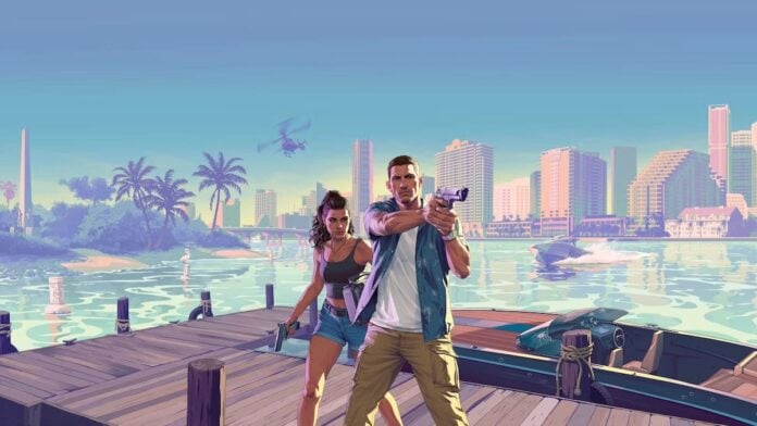 gta 6 cover A man and a woman holding guns against a city backdrop in GTA VI.
