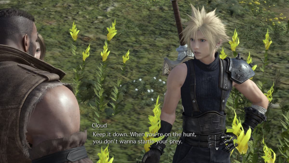 A blonde man talking to a big guy in Final Fantasy VII Rebirth.