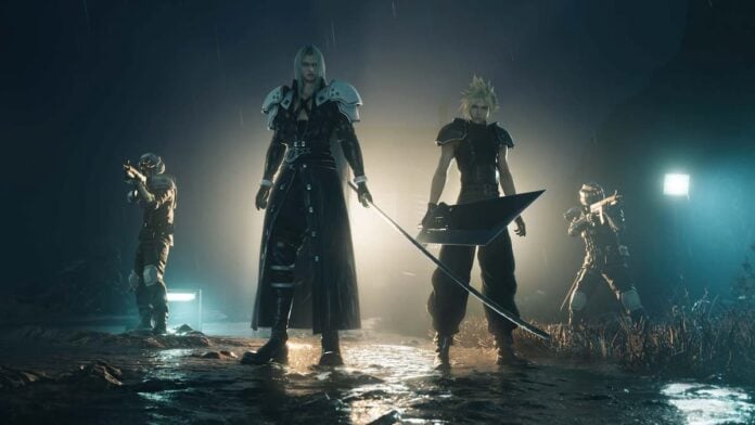 ffvii rebirth cover Four figures standing in the dark.