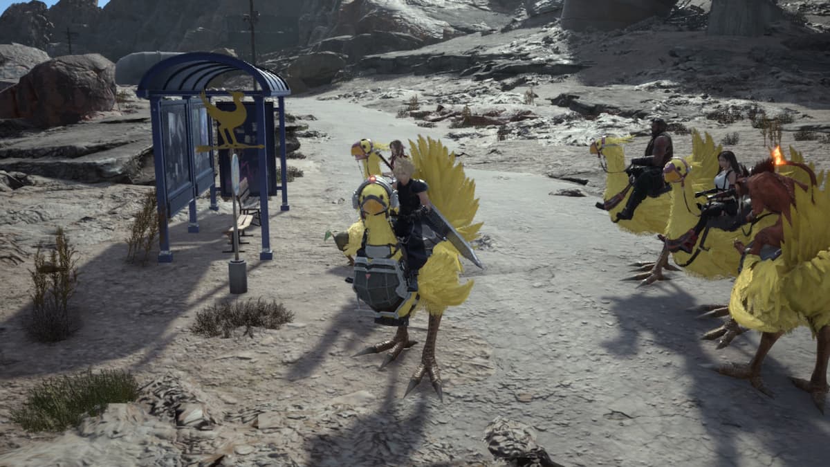 A group of four people riding golden chickens.