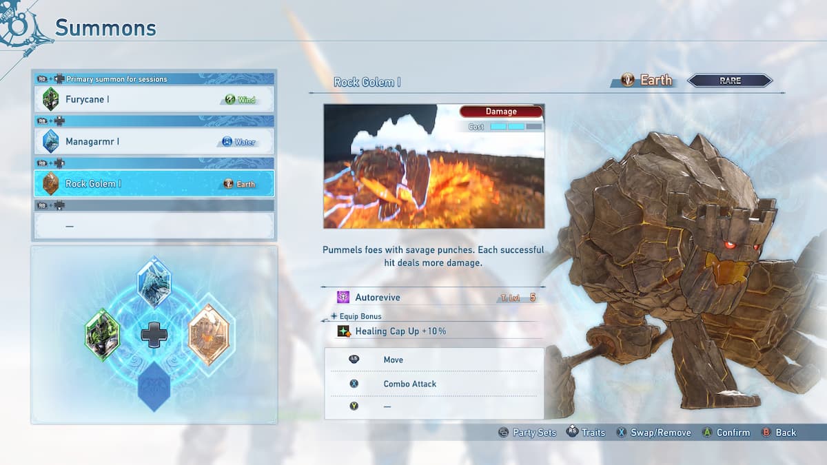 A menu screen with a rock golem on the right side.