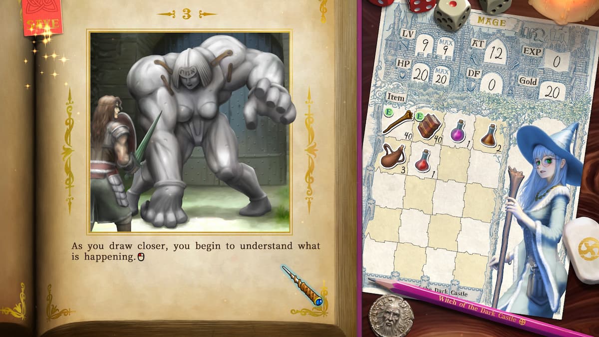 A storybook with a golem on the left page in Veritas Tales: Witch of the Dark Castle