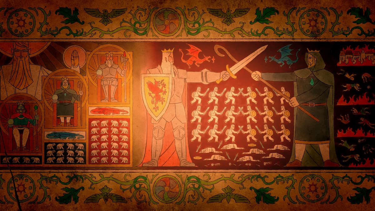 A mural of two men crossing swords with each other