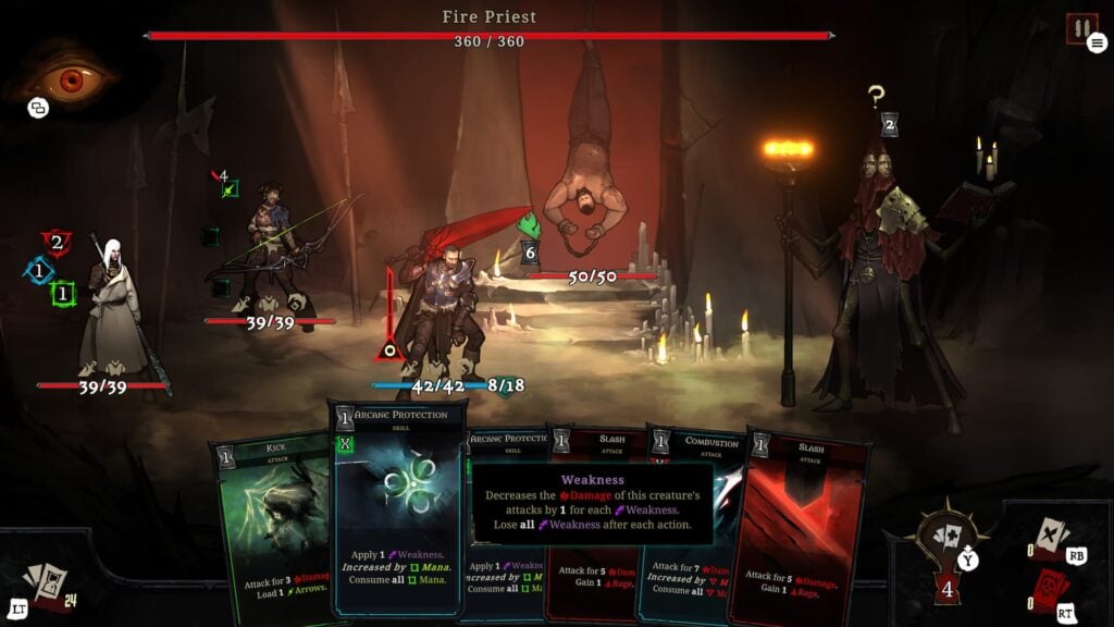 A combat scenario showing playing cards, the three protagonists, and a boss.