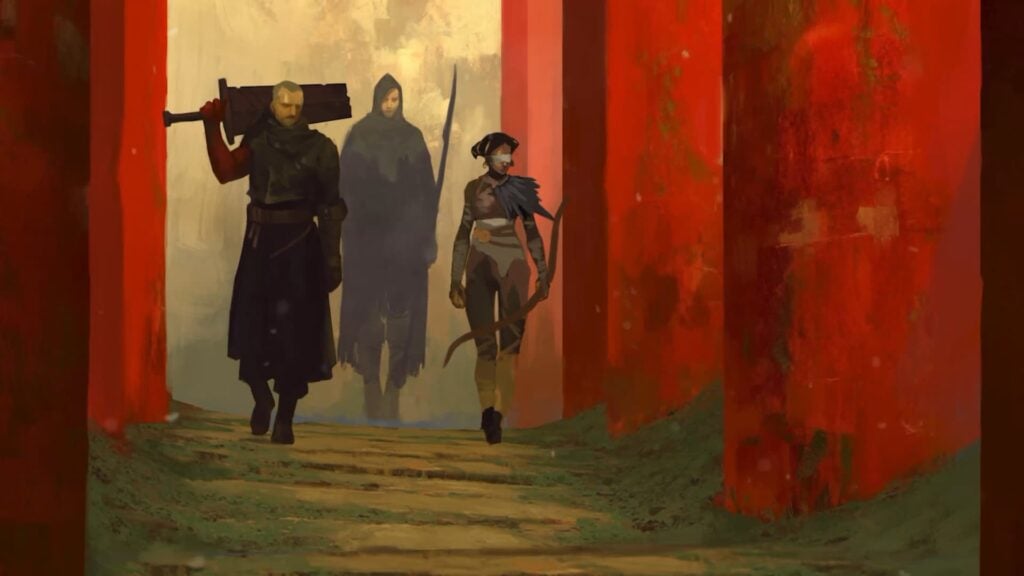 The three main party members walking together in Shards of Order
