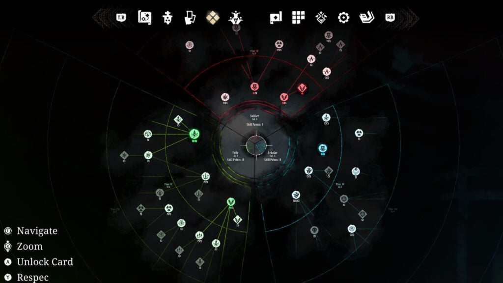 A color coded skill tree containing several skills in Shards of Order
