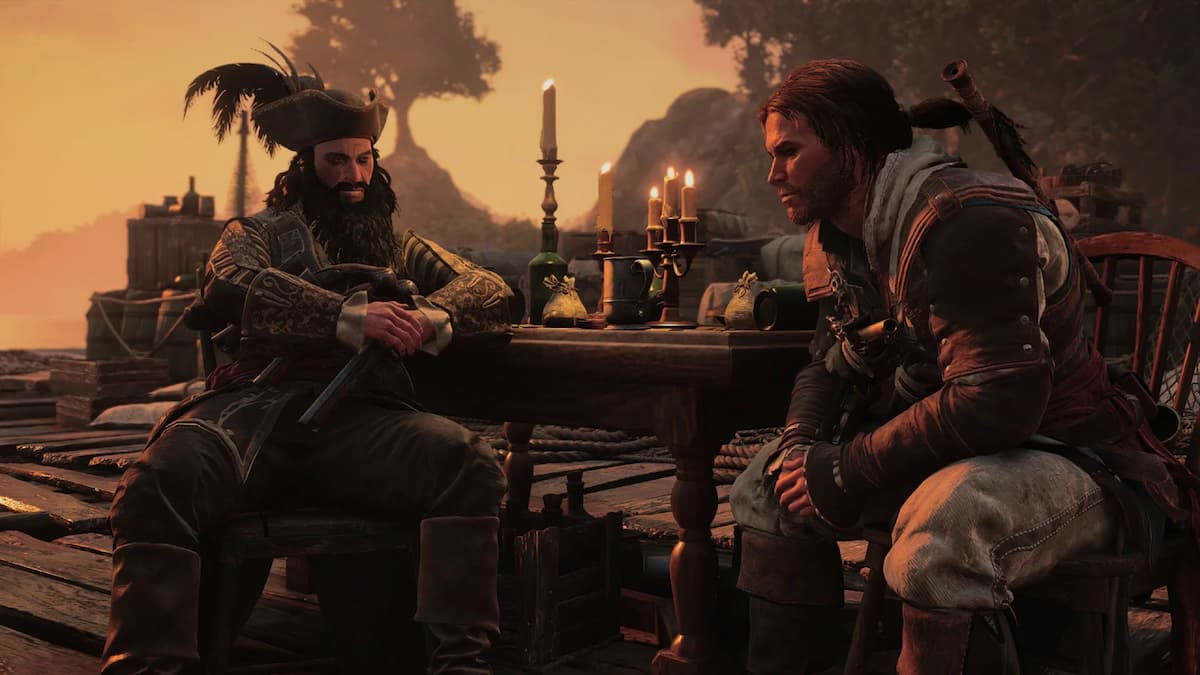 A man with a black beard sitting at a table with another pirate in Black Flag Resynced by Ubisoft Singapore
