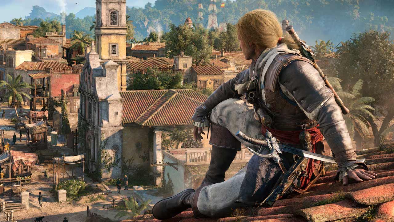 A man sitting on the roof of a building in Black Flag Resynced