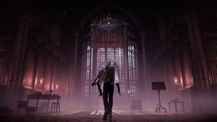 duskbloods character (1) A man in the middle of a large room in The Duskbloods.