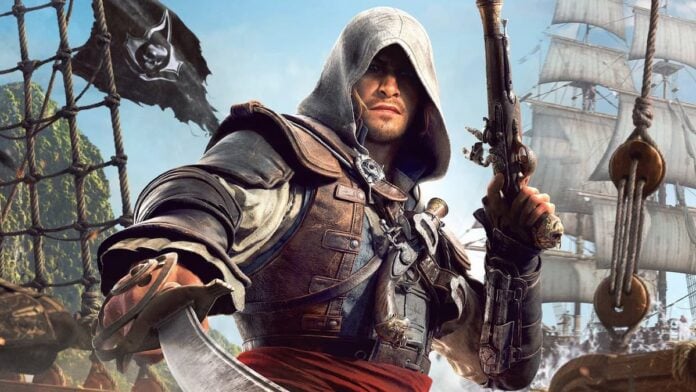 edward kenway closeup A hooded man holding a cutlass and gun