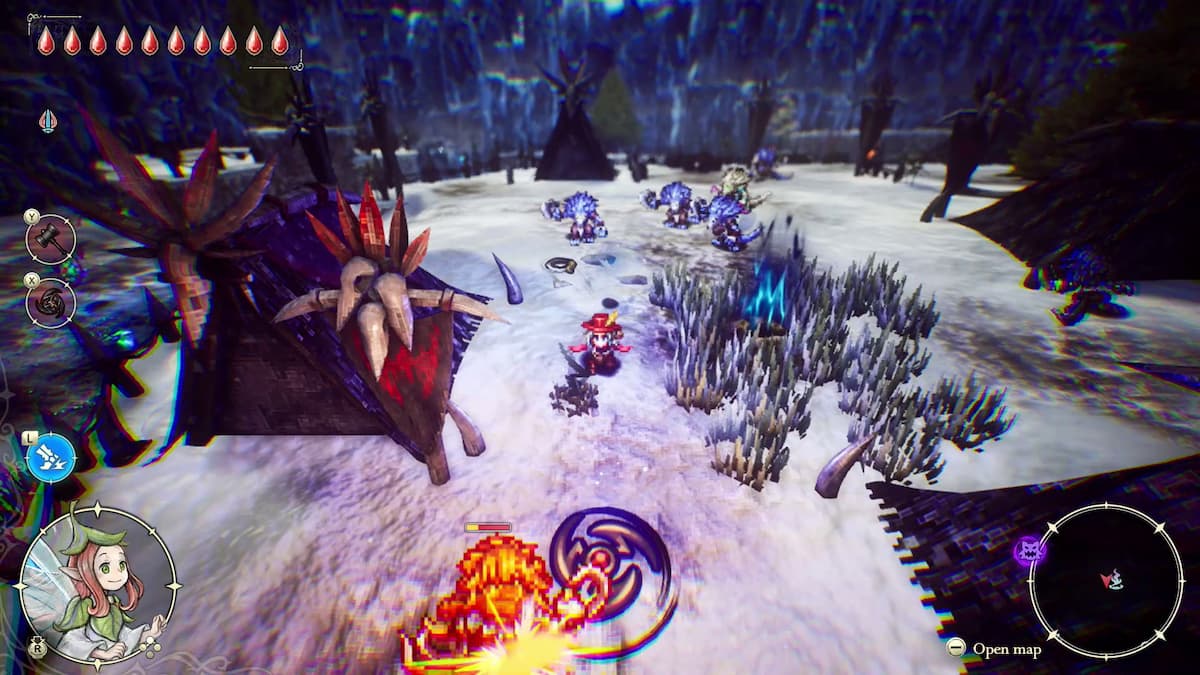 A character in a red outfit in a snow field in The Adventures of Elliot
