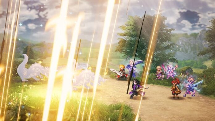 ff resonance A group of pixel characters with rays of light shining down on them in Final Fantasy Resonance